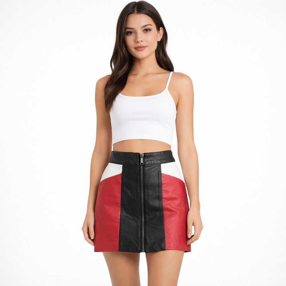 Urban Outfitters Brandi Faux Leather Colorblock Mini Skirt Size XS Red Black
